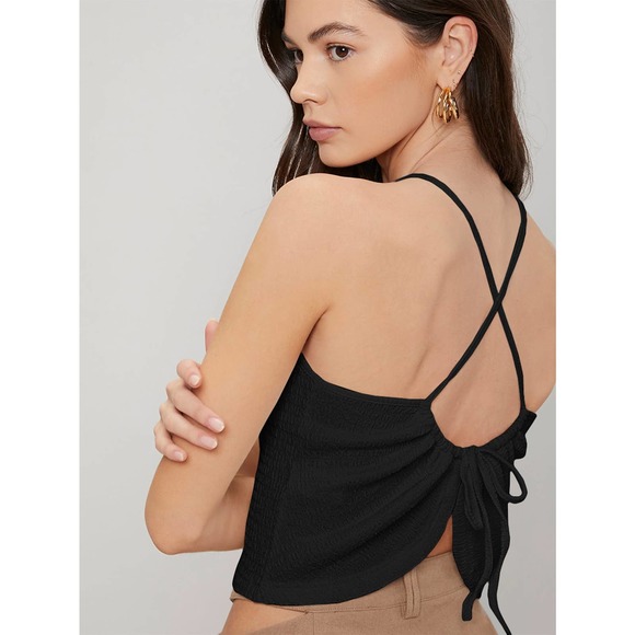 Tops - ruched SMOCKED DRAWSTRING backless CAMI crop TOP black
